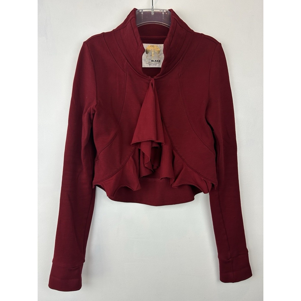 Red Cardigan Knit Jacket Womens Medium Burgundy Ruffle Cropped Read